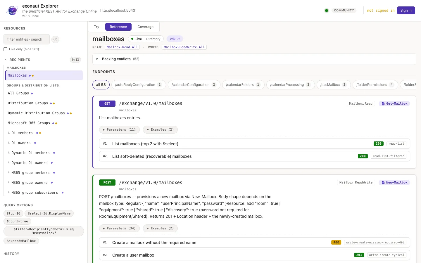 The Explorer's Reference mode: the routes of one entity with their roles, backing cmdlets, parameters and examples.